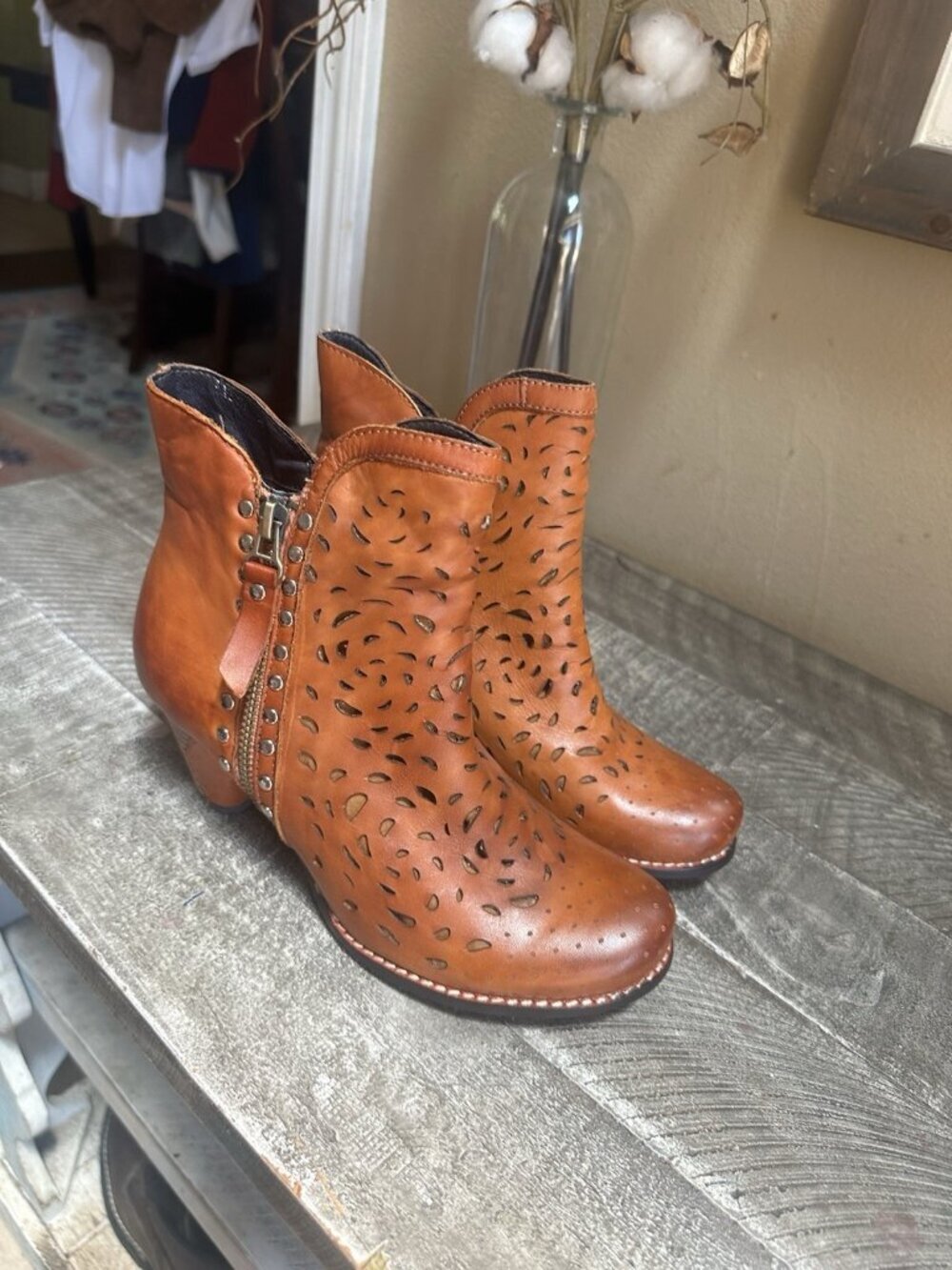 Women's Tan Perforated Leather Ankle Boots with Side Zip - Picture 3 of 5